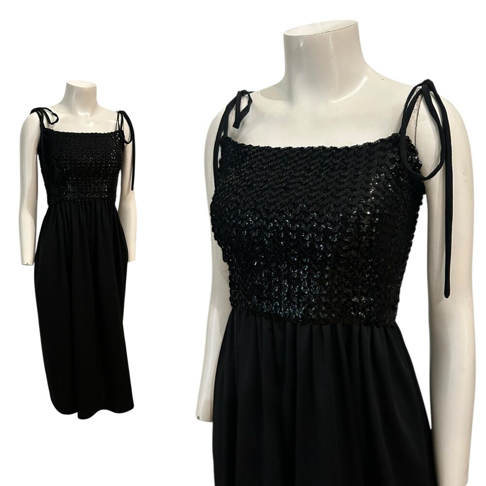 Vintage 1970s Black Strappy Sequin Disco Maxi Dress / Women’s S/M -